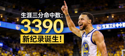 库里创造三分纪录后庆祝，手指指向天空，背景是勇士队主场大屏幕显示三分球数据