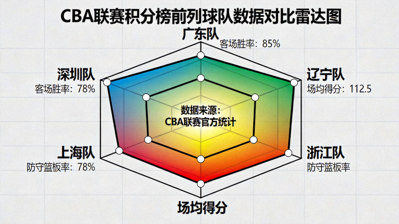 CBA联赛积分榜前列球队客场胜率、场均得分及防守篮板率对比雷达图