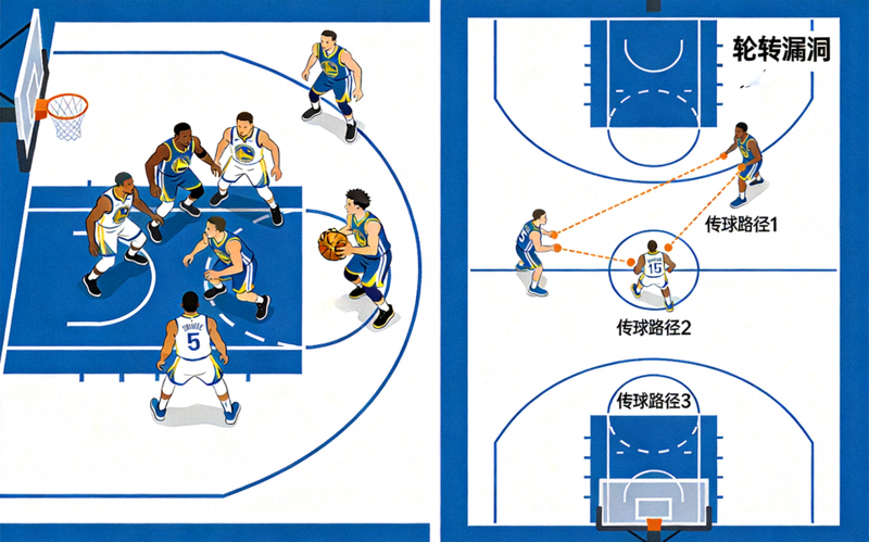 图解展示防守方因过度协防库里而产生的轮转漏洞和后续传球路径