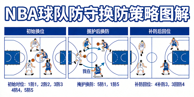 NBA球队防守换防策略图解，展示不同防守对位切换