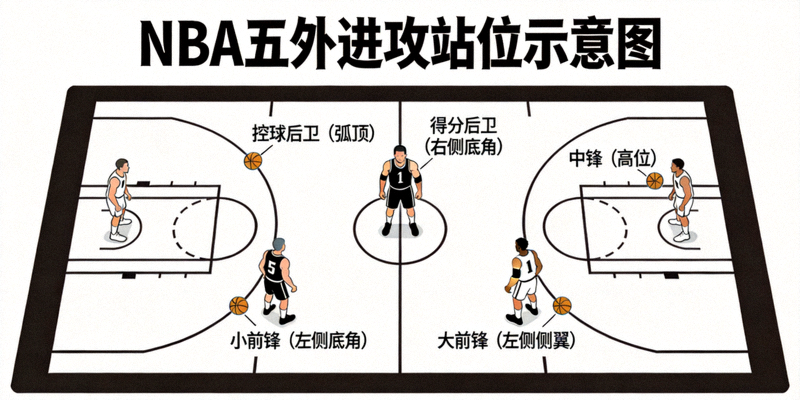 NBA球队五外进攻站位示意图，展示球员分散站位创造空间